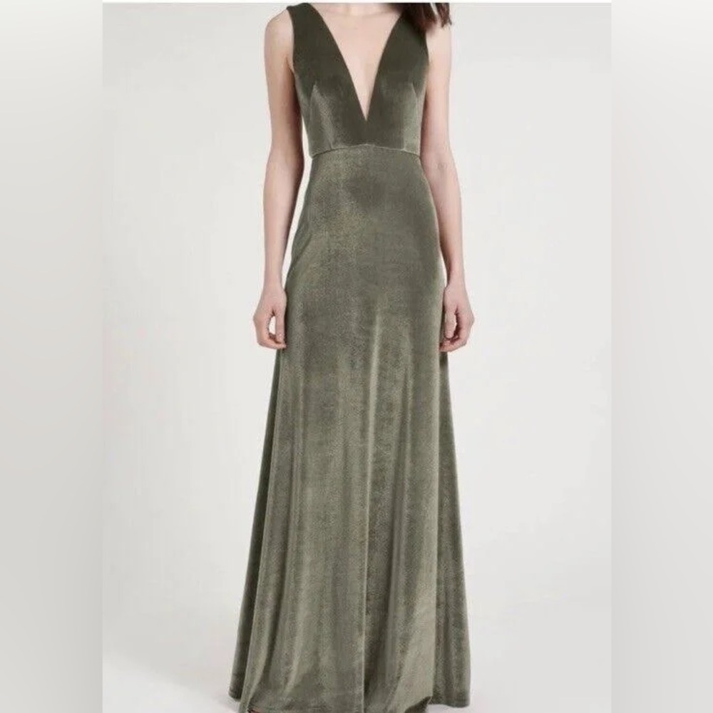Jenny Yoo Long Sleeve Deep V Velvet Dress